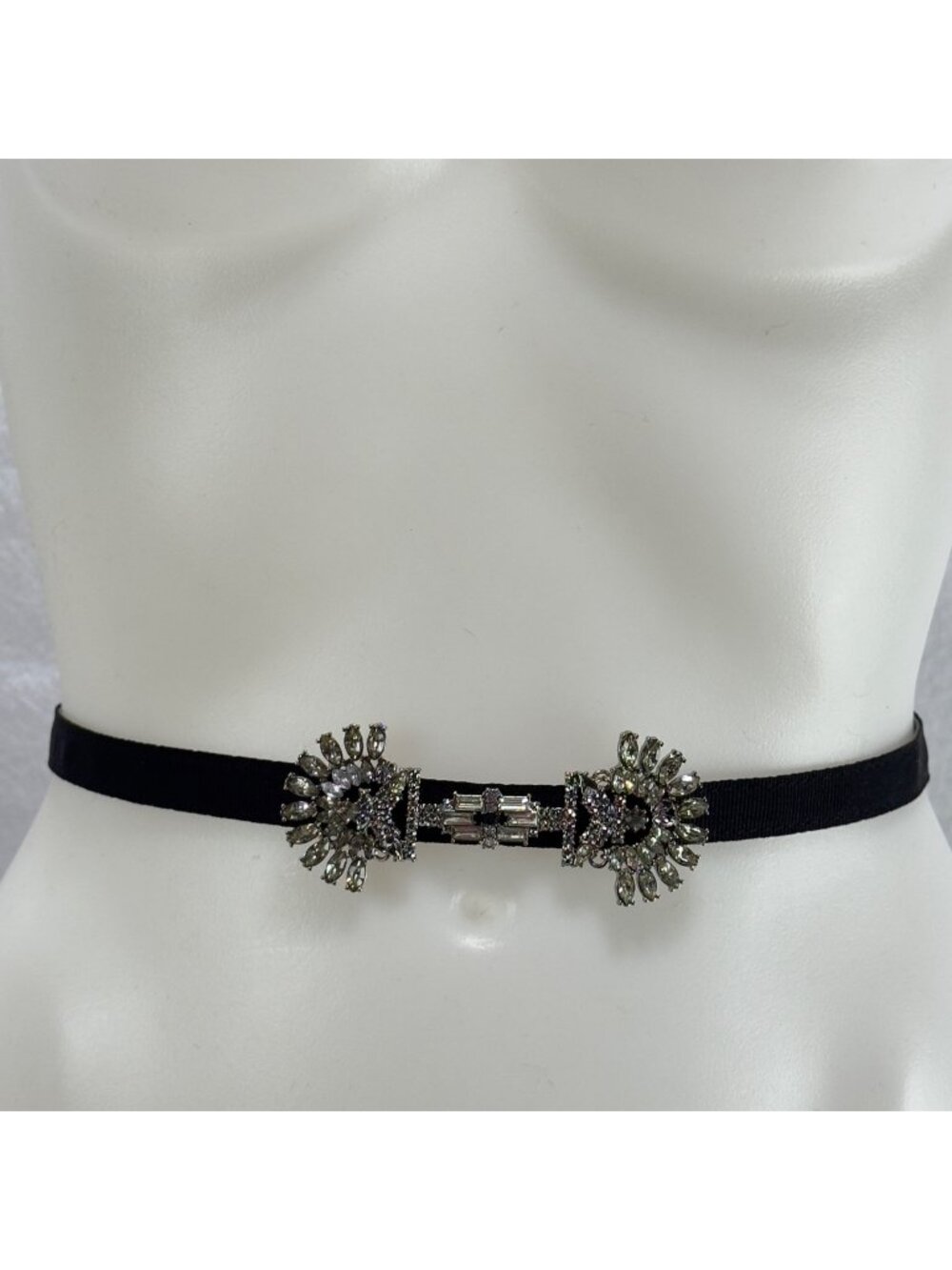 Vintage Black Elastic Belt With Rhinestone Embellished Art Deco Style Buckle